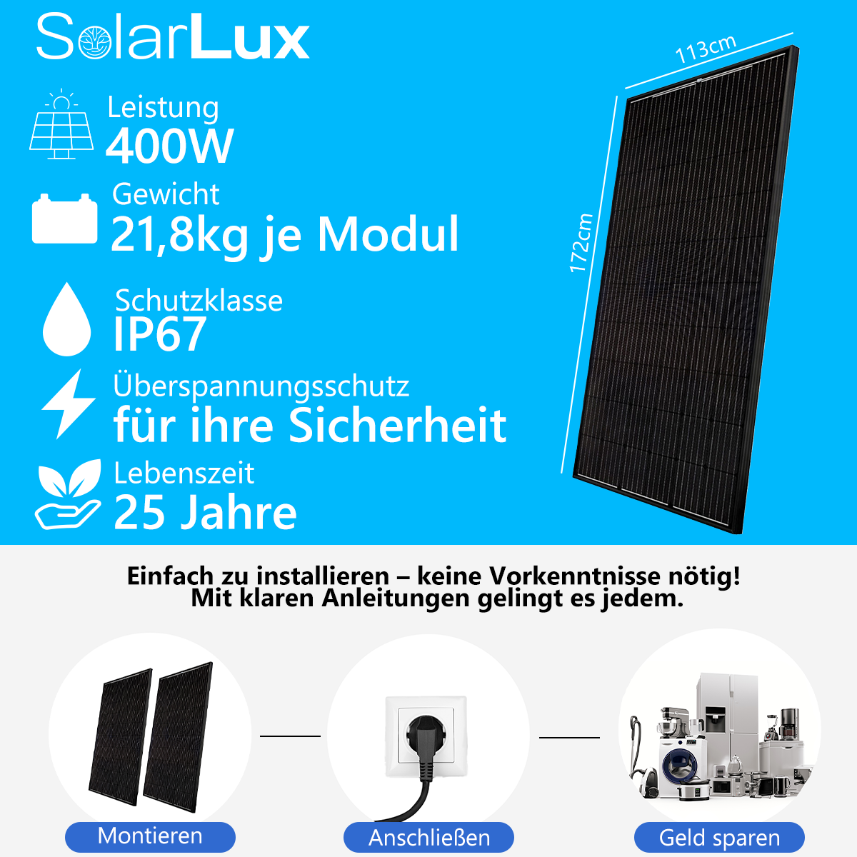 SolarLuxEnergy Balkonkraftwerk Komplettpaket für Balkon