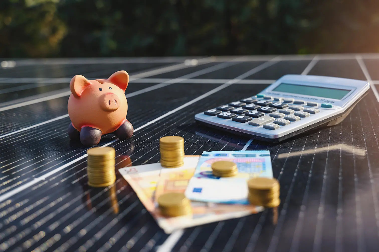 Symbolbild zur Kostenersparnis durch Photovoltaik: Sparschwein, Euro-Münzen, Geldscheine und Taschenrechner auf Solarmodul