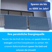 SolarLux Balkonkraftwerk auf Balkon installiert, spart bis zu 600€ im Jahr, nachhaltige Energiequelle für geringere Energiekosten.