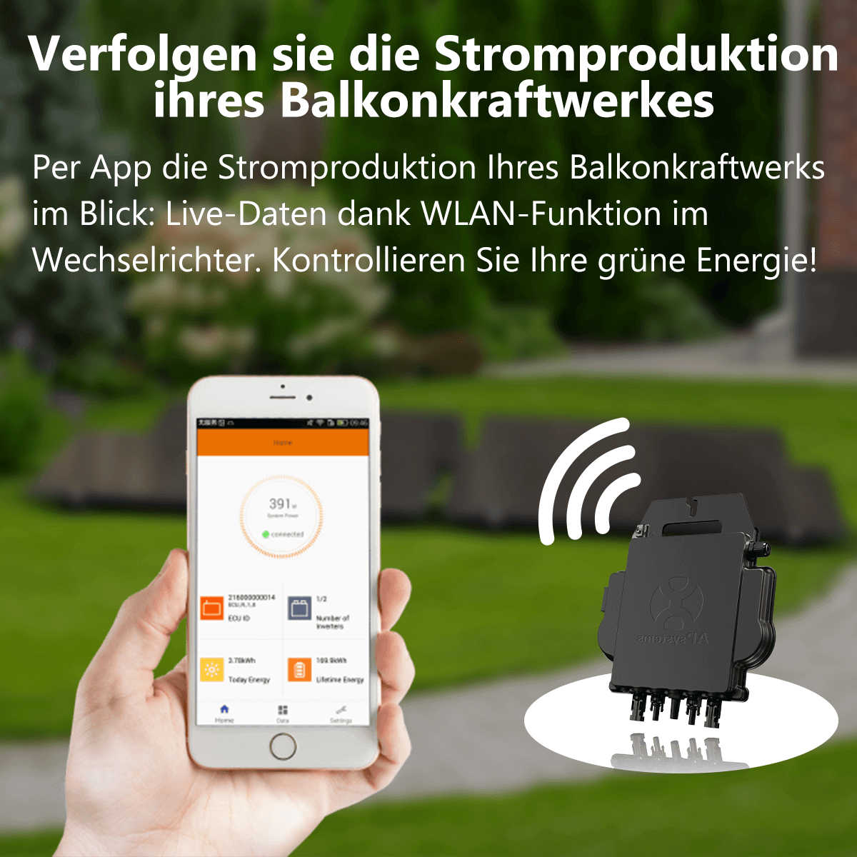 Person using app to monitor energy production of SolarLuxEnergy Balkonkraftwerk with APsystems microinverter, green energy control